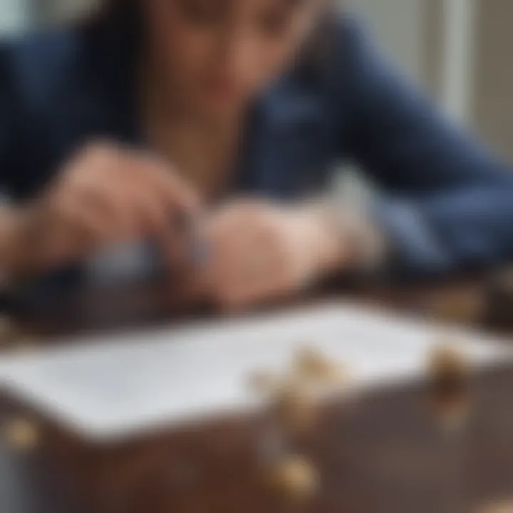 A person reviewing an insurance policy with jewelry on a table.