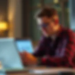 A small business owner reviewing software options on a laptop