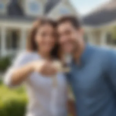 A celebratory moment of new homeowners holding keys outside their new house, capturing the joy of closing the deal.