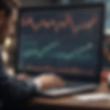 Trader analyzing candlestick patterns on a laptop