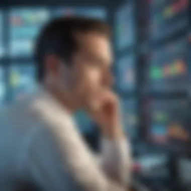 Focused Trader in Action A trader intently monitoring multiple stock screens with analytical charts.