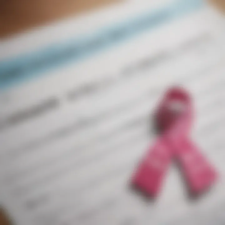 Close-up of a life insurance application form with an awareness ribbon.