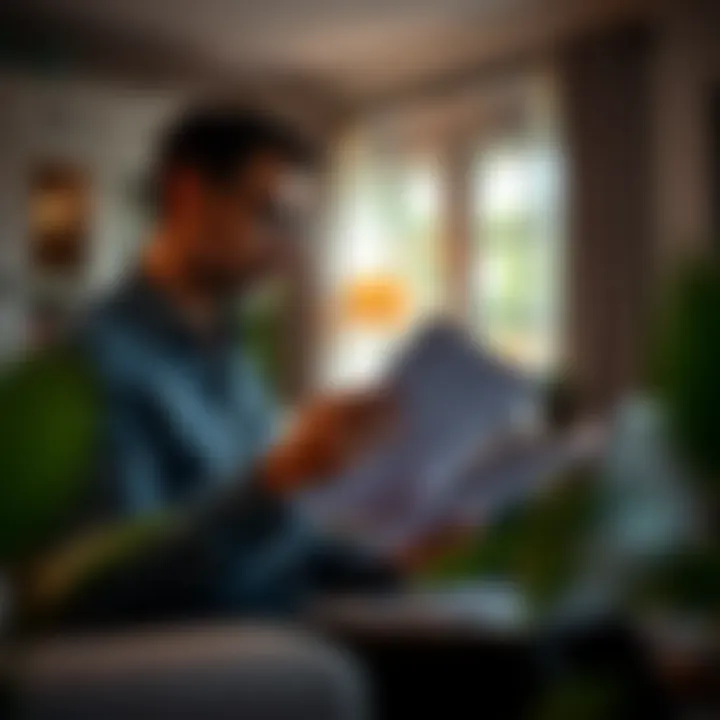 Homeowner assessing paperwork in a cozy living room