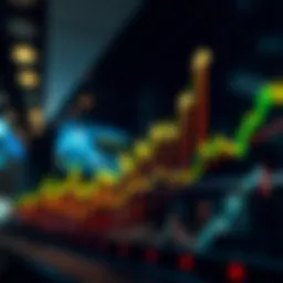 A conceptual depiction of stock market trends with upward arrows and indicators.