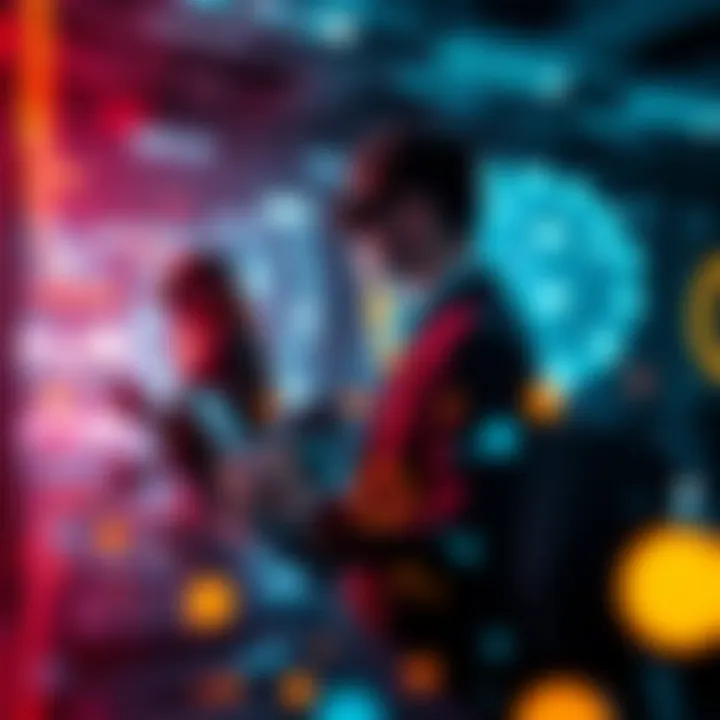 A futuristic depiction of users interacting with virtual environments and blockchain technology.